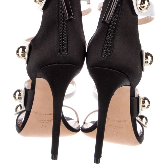 Giorgio Armani Satin Multi Strap Stiletto Black and White Zip Closure Heels 6.5 - Picture 4 of 13